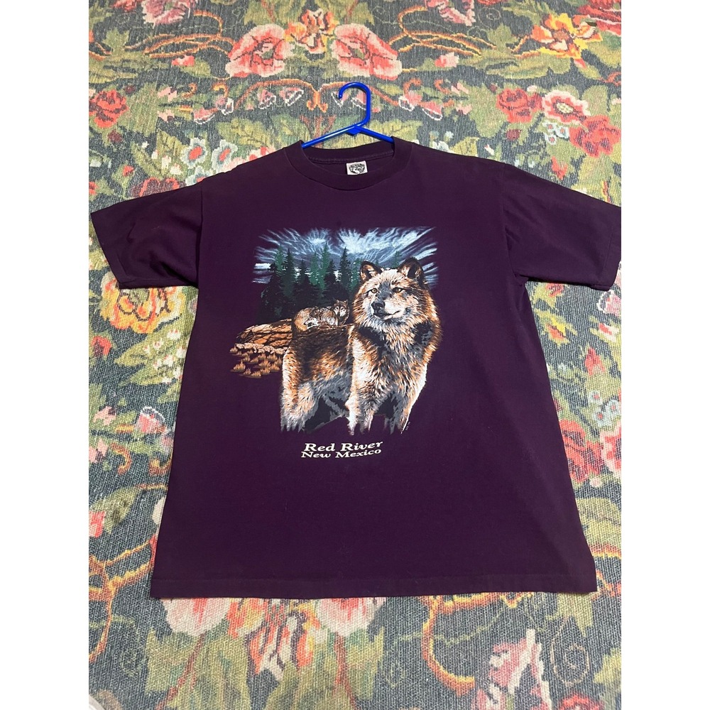 Vintage 90s Wolf Graphic T Shirt New Mexico Red River Single Stitch USA Mens L